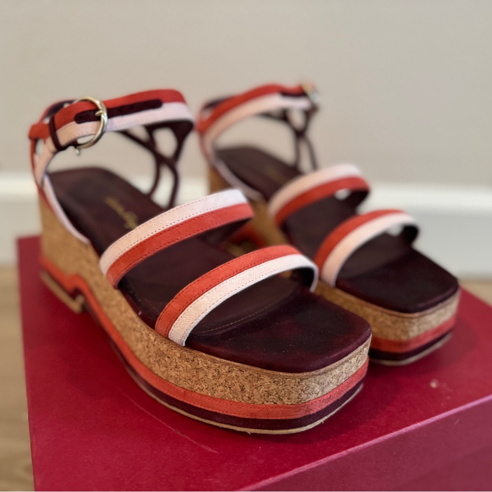 Salvatore Ferragamo Mysen Suede Strap Wedge Platform Sandals 8 C  ($795)